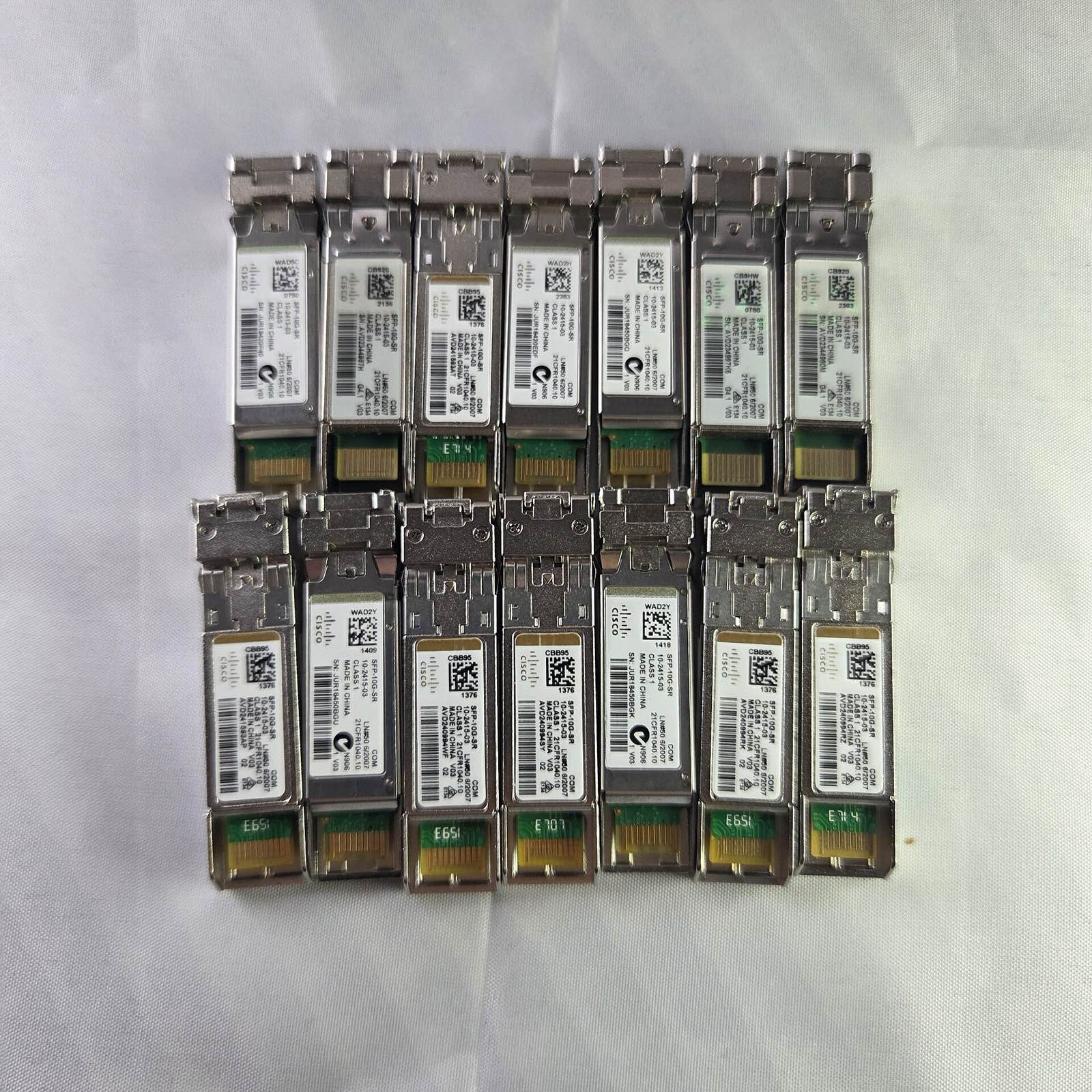 Overview of a Cisco SFP-10G-SR 10GBASE-SR SFP+ optical transceiver modules (lot).