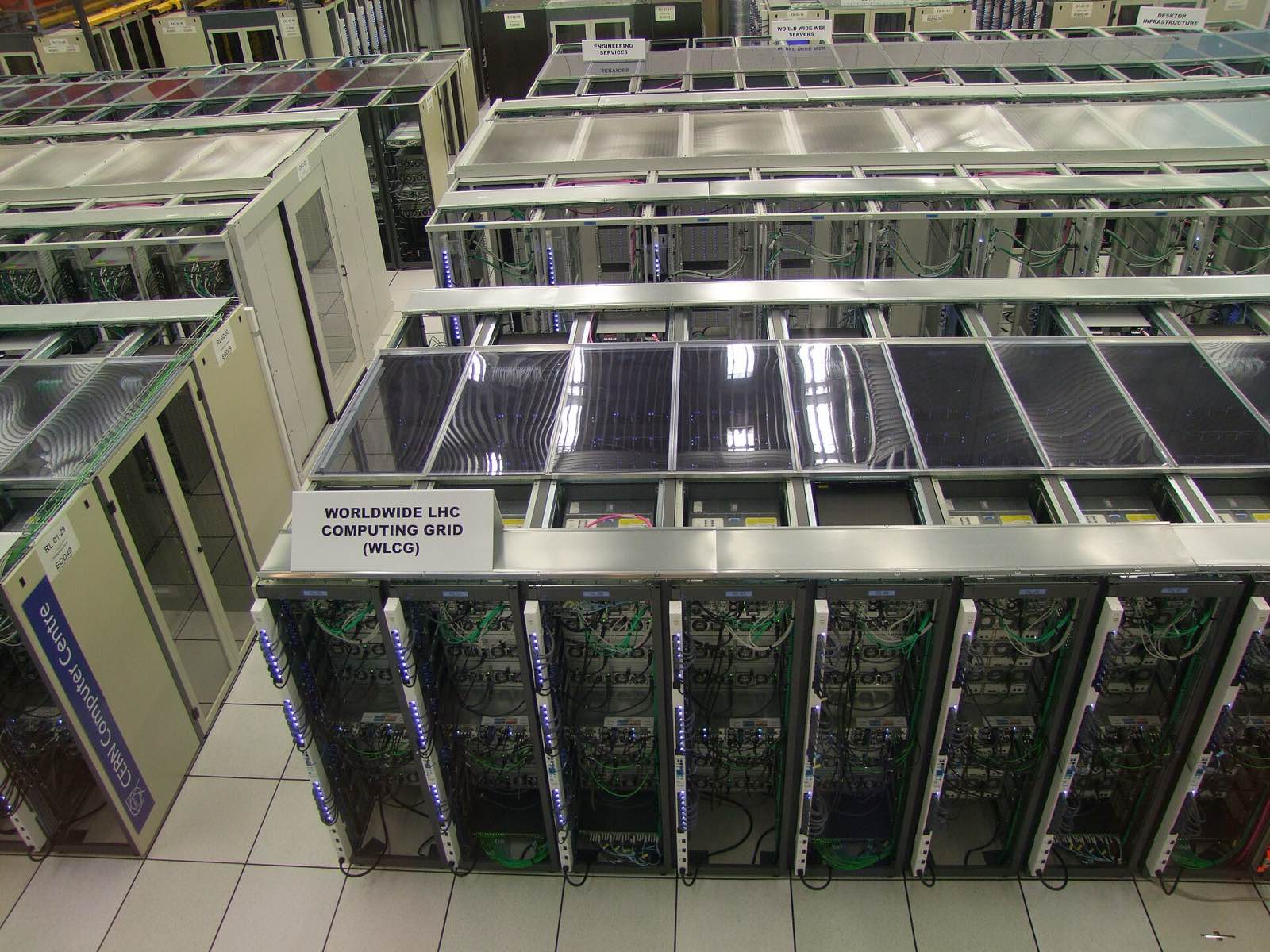 A top-down view of server racks in the CERN computer centre.